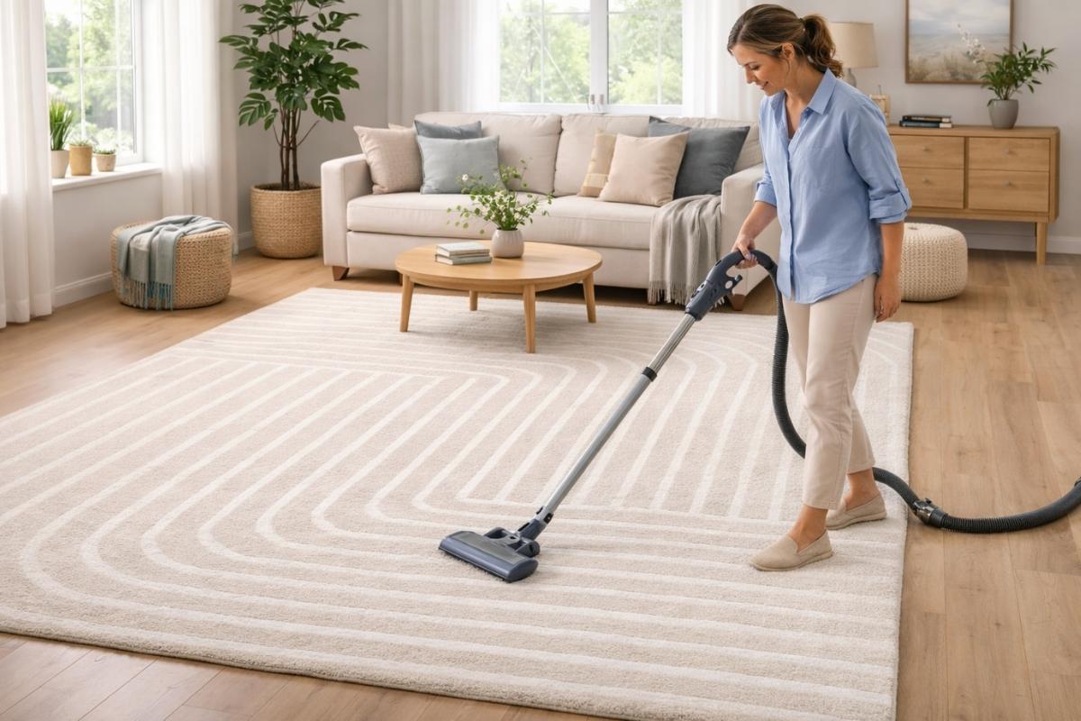 Žena usisava svetli tepih sa geometrijskim linijama u bež i krem tonovima u modernoj dnevnoj sobi sa neutralnim nameštajem i prirodnim osvetljenjem.